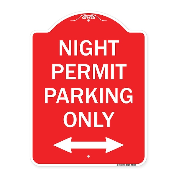Signmission Night Permit Parking W/ Bi-Directional Arrow, Red & White Aluminum Sign, 18" x 24", RW-1824-23860 A-DES-RW-1824-23860 - main